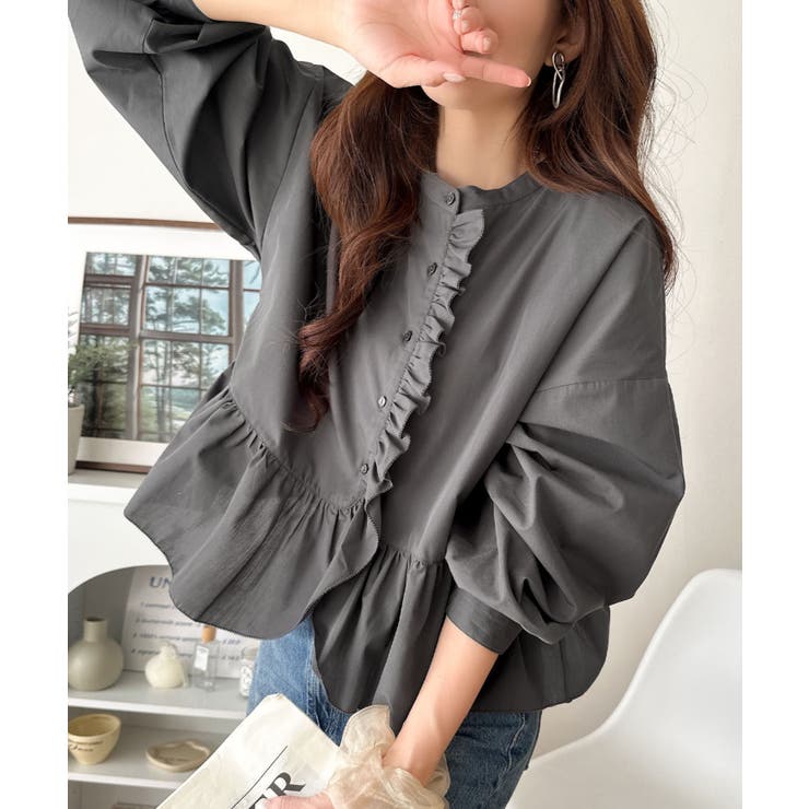 チャコール | ふわっと華やかシルエット美人♪柄アソートフリルデザインブラウス | Classical Elf 