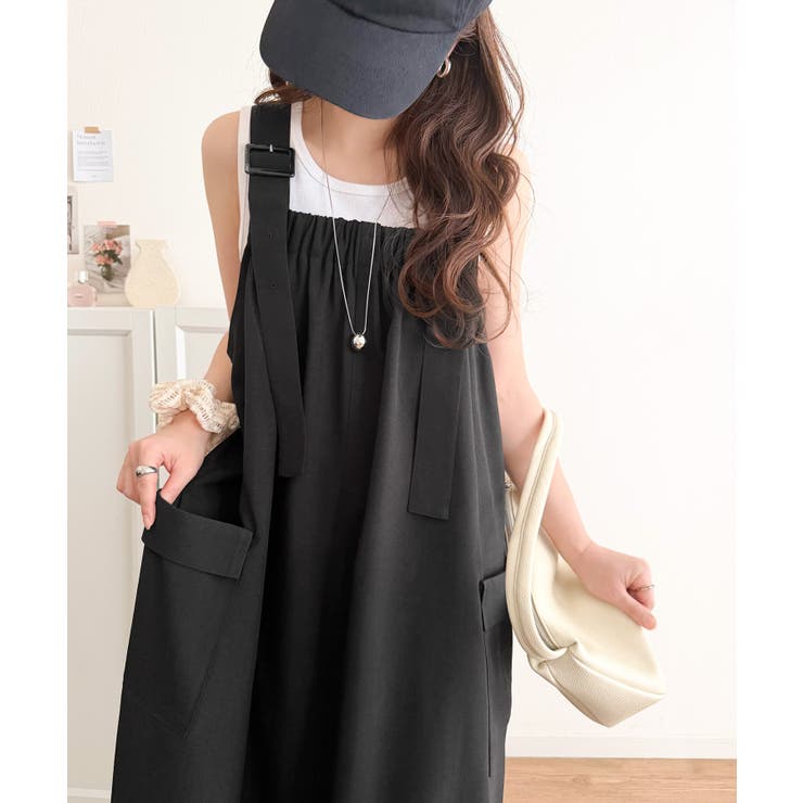 ブラック | 重ね着が楽しい♪着回し自在◎リネンライク素材胸元ギャザー＆ポケット使いAラインジ… | Classical Elf 