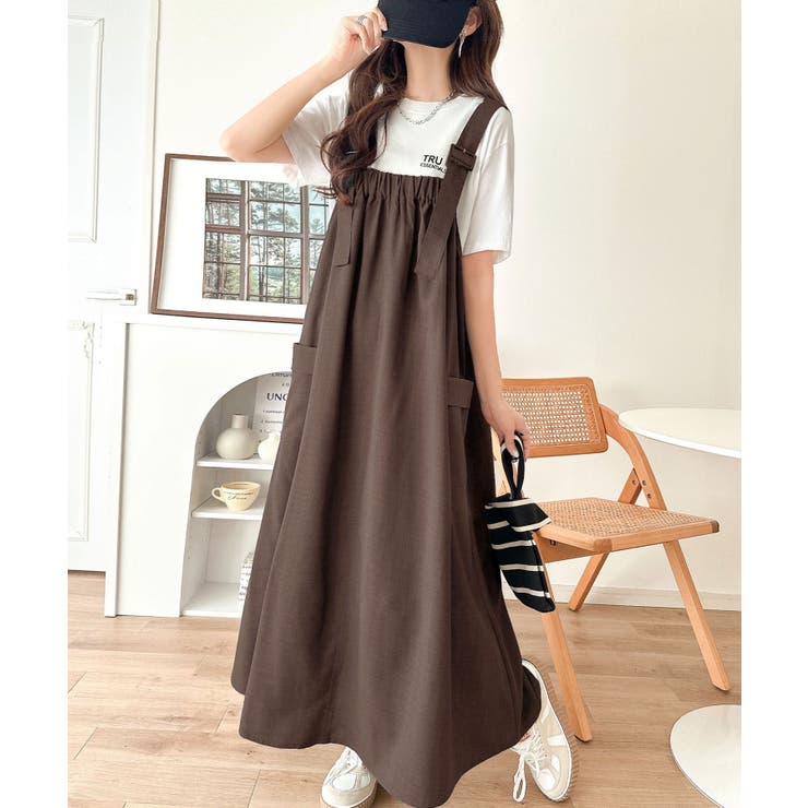 ブラウン | 重ね着が楽しい♪着回し自在◎リネンライク素材胸元ギャザー＆ポケット使いAラインジ… | Classical Elf 