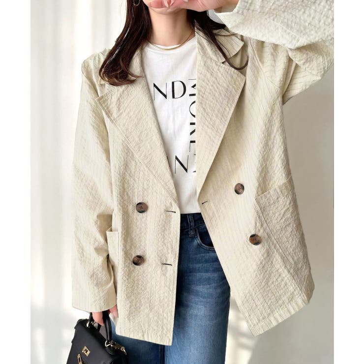 アイボリー | さらっと羽織る、立体の表情。サッカー素材ダブルテーラードジャケット（長袖） | Classical Elf 