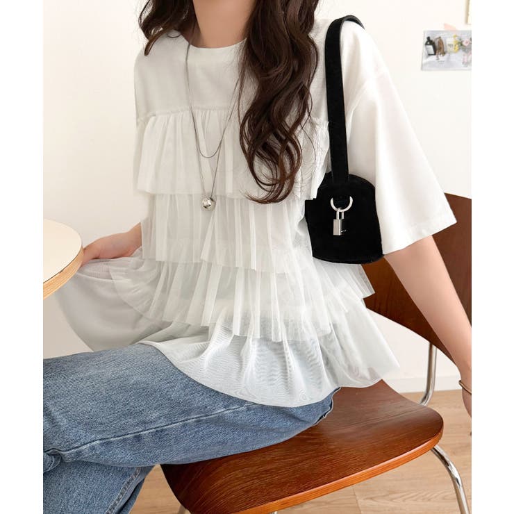 重ねてる風、が今っぽい。ビスチェ風チュールフリルドッキングTシャツ（半袖） | Classical Elf  | 詳細画像5 