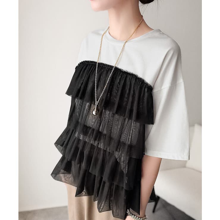 重ねてる風、が今っぽい。ビスチェ風チュールフリルドッキングTシャツ（半袖） | Classical Elf  | 詳細画像10 