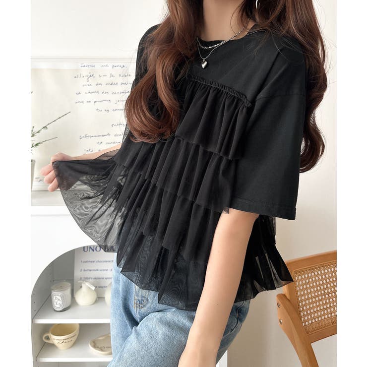 重ねてる風、が今っぽい。ビスチェ風チュールフリルドッキングTシャツ（半袖） | Classical Elf  | 詳細画像17 