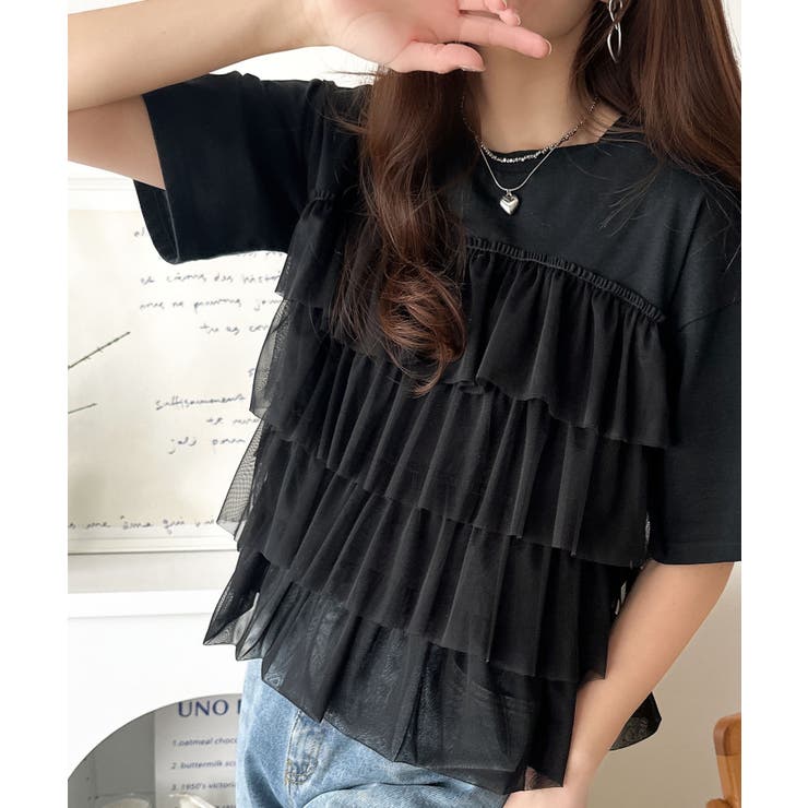 重ねてる風、が今っぽい。ビスチェ風チュールフリルドッキングTシャツ（半袖） | Classical Elf  | 詳細画像19 