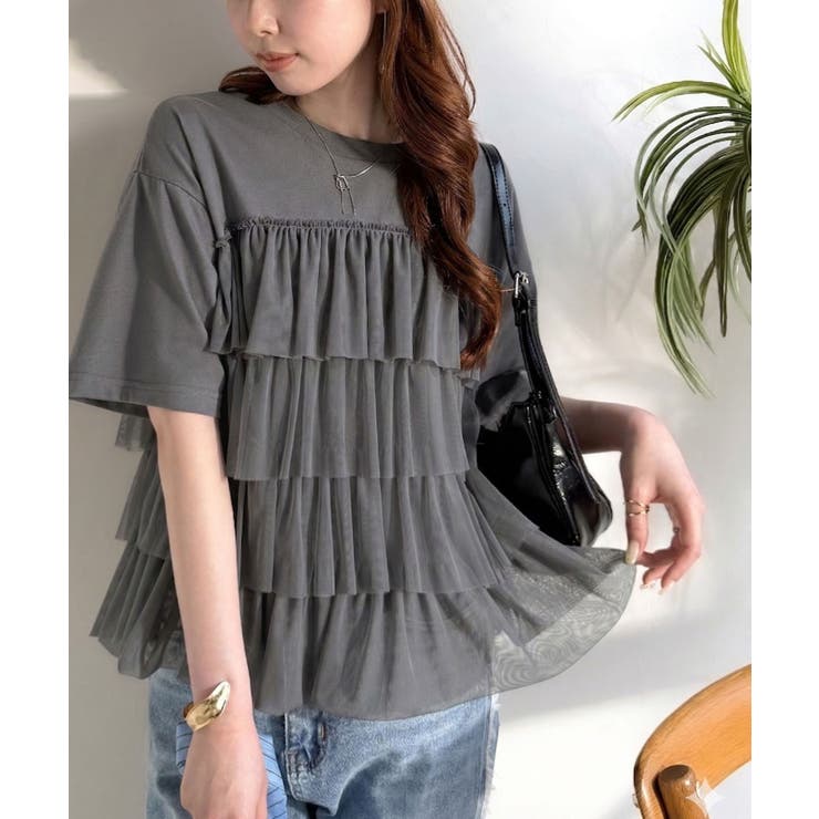 重ねてる風、が今っぽい。ビスチェ風チュールフリルドッキングTシャツ（半袖） | Classical Elf  | 詳細画像24 