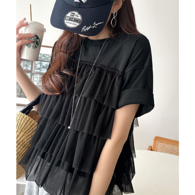 ブラック×ブラック | 重ねてる風、が今っぽい。ビスチェ風チュールフリルドッキングTシャツ（半袖） | Classical Elf 