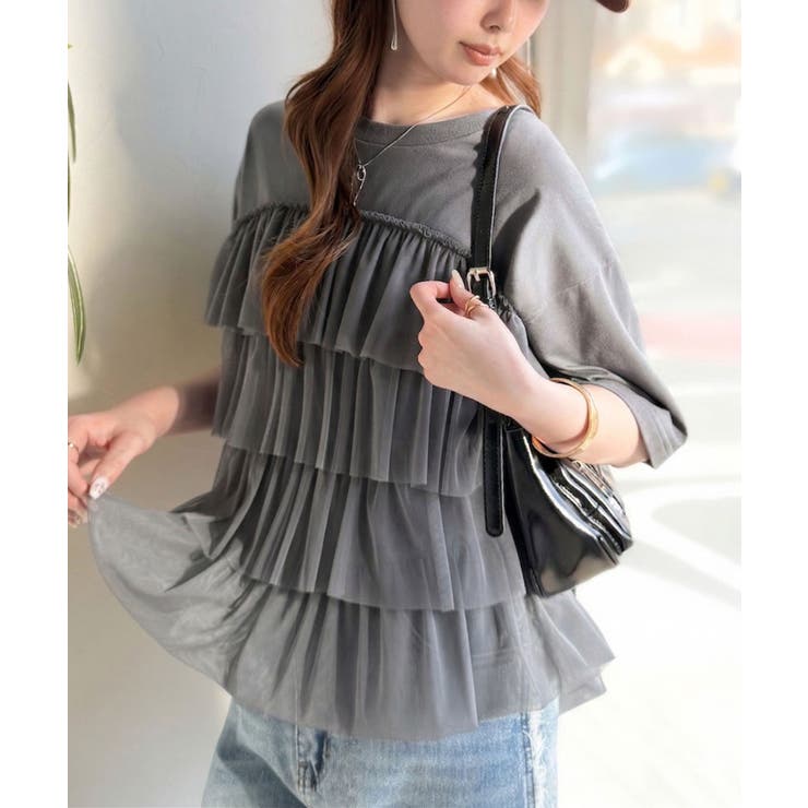 重ねてる風、が今っぽい。ビスチェ風チュールフリルドッキングTシャツ（半袖） | Classical Elf  | 詳細画像25 