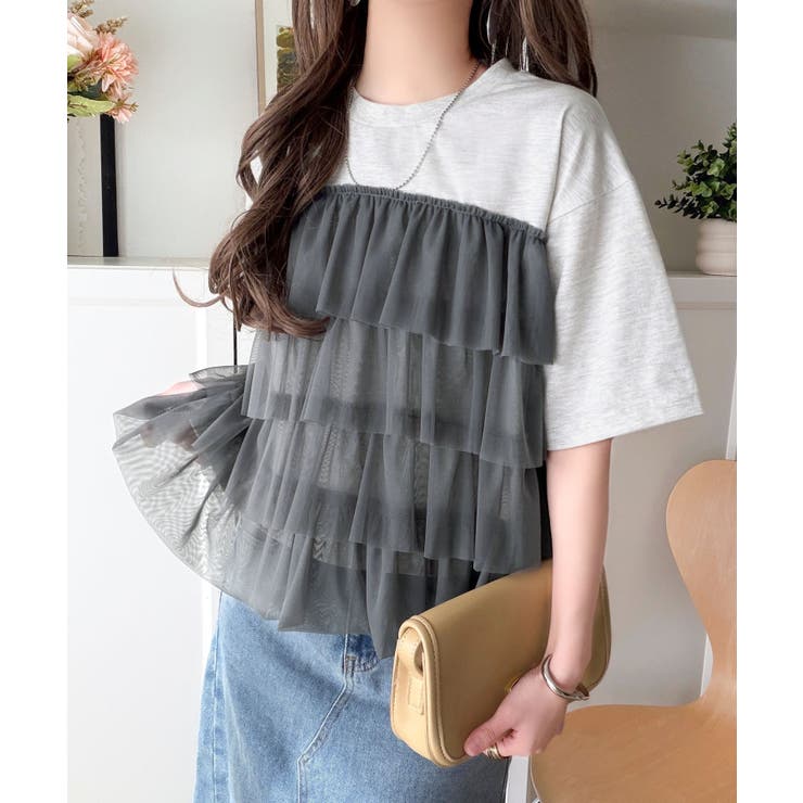 重ねてる風、が今っぽい。ビスチェ風チュールフリルドッキングTシャツ（半袖） | Classical Elf  | 詳細画像29 
