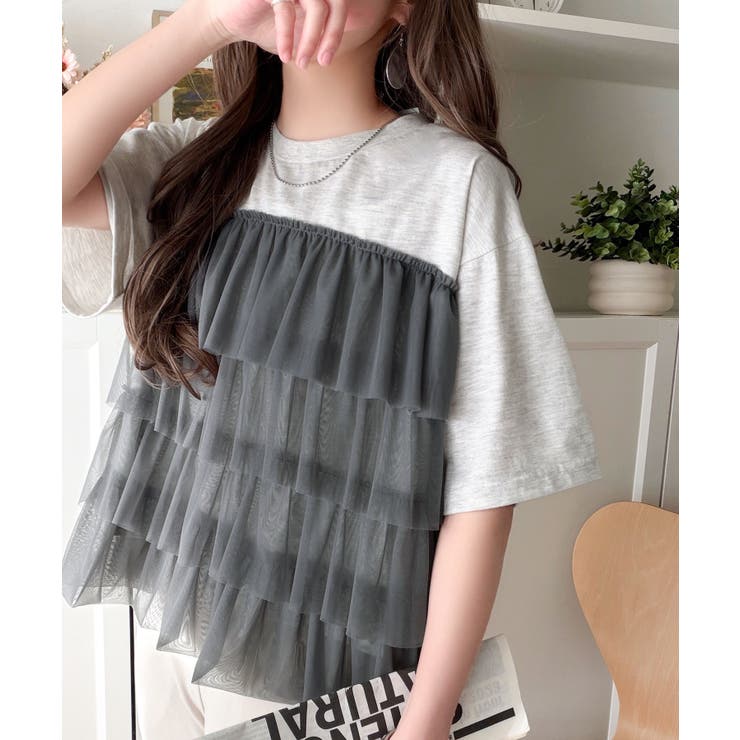重ねてる風、が今っぽい。ビスチェ風チュールフリルドッキングTシャツ（半袖） | Classical Elf  | 詳細画像30 