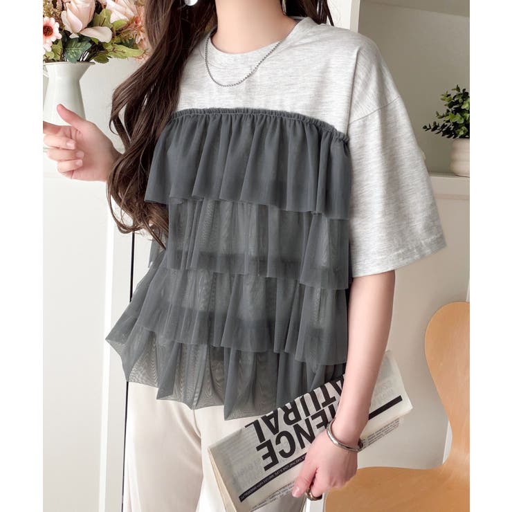 重ねてる風、が今っぽい。ビスチェ風チュールフリルドッキングTシャツ（半袖） | Classical Elf  | 詳細画像33 