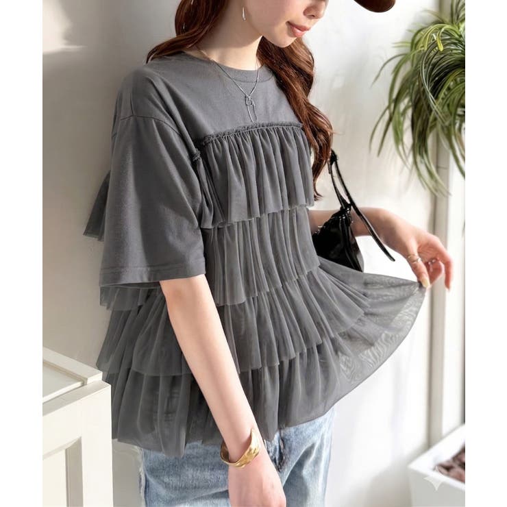 チャコール×グレー | 重ねてる風、が今っぽい。ビスチェ風チュールフリルドッキングTシャツ（半袖） | Classical Elf 