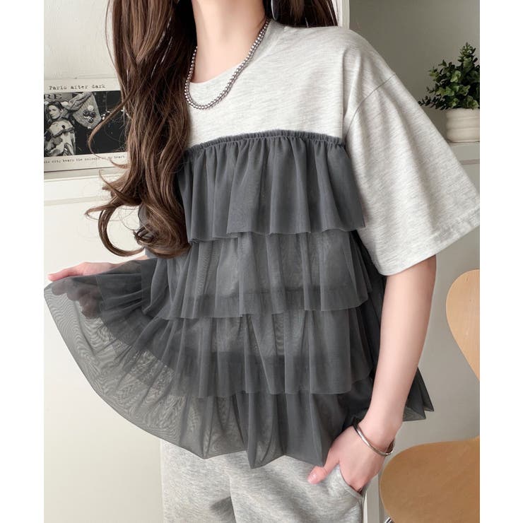 重ねてる風、が今っぽい。ビスチェ風チュールフリルドッキングTシャツ（半袖） | Classical Elf  | 詳細画像35 