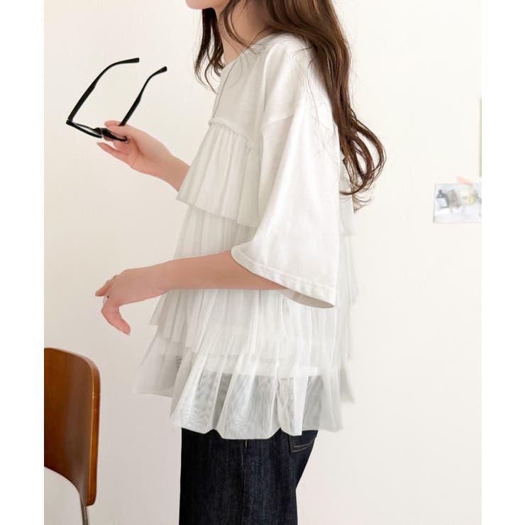 重ねてる風、が今っぽい。ビスチェ風チュールフリルドッキングTシャツ（半袖） | Classical Elf  | 詳細画像3 