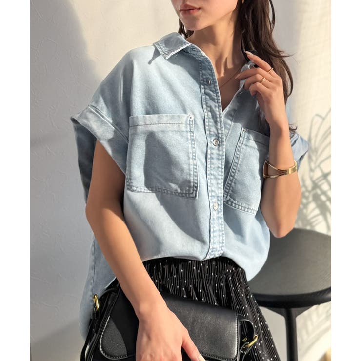 ライトブルー | 羽織るだけで垢抜け確実♪華奢見え抜群 フレンチスリーブデニムシャツ（半袖） | Classical Elf 