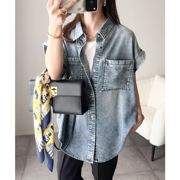 ブルー | 羽織るだけで垢抜け確実♪華奢見え抜群 フレンチスリーブデニムシャツ（半袖） | Classical Elf 