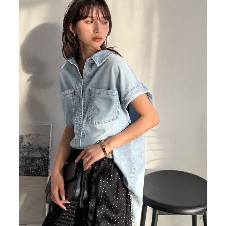羽織るだけで垢抜け確実♪華奢見え抜群 フレンチスリーブデニムシャツ（半袖） | Classical Elf  | 詳細画像3 