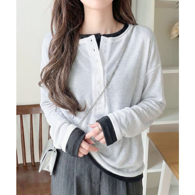 オフホワイト×ブラック | マルチWAYで着回し自在。リブ素材×シアー素材トップス 2枚セットアップ(長袖） | Classical Elf 