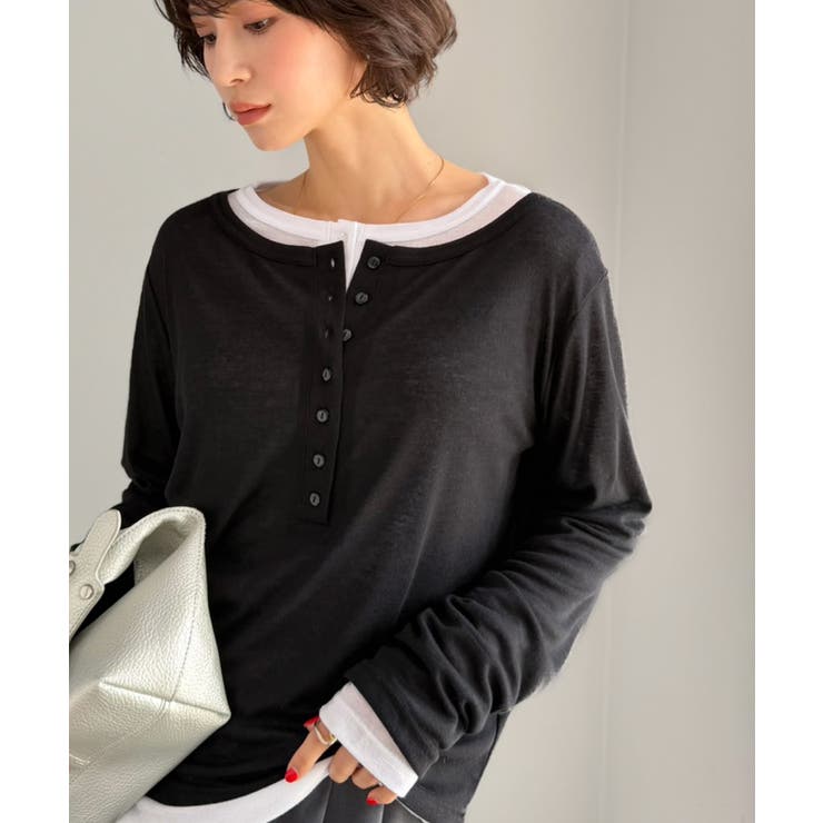 ブラック×オフホワイト | マルチWAYで着回し自在。リブ素材×シアー素材トップス 2枚セットアップ(長袖） | Classical Elf 