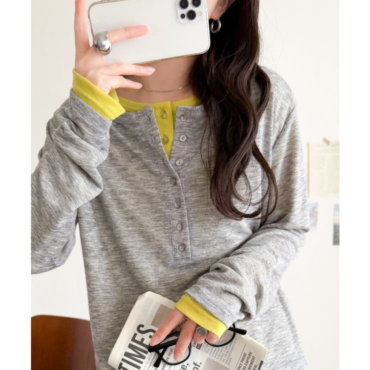 杢グレー×ライム | マルチWAYで着回し自在。リブ素材×シアー素材トップス 2枚セットアップ(長袖） | Classical Elf 