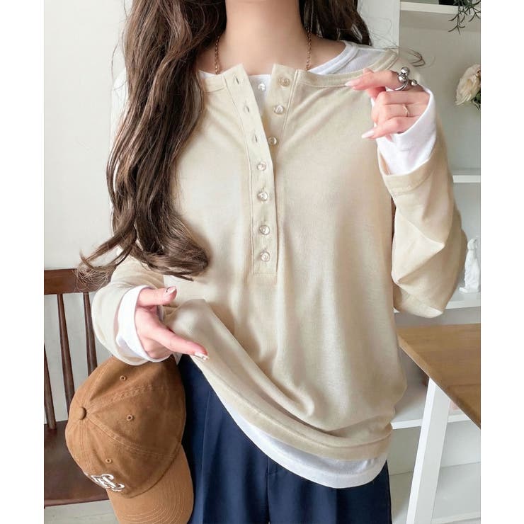 ベージュ×オフホワイト | マルチWAYで着回し自在。リブ素材×シアー素材トップス 2枚セットアップ(長袖） | Classical Elf 