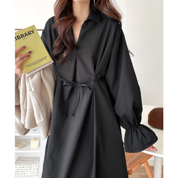 ブラック | ウエストすっきりで着映え力抜群！体型カバー×きれい見えが叶う。キャンディスリーブ… | Classical Elf 