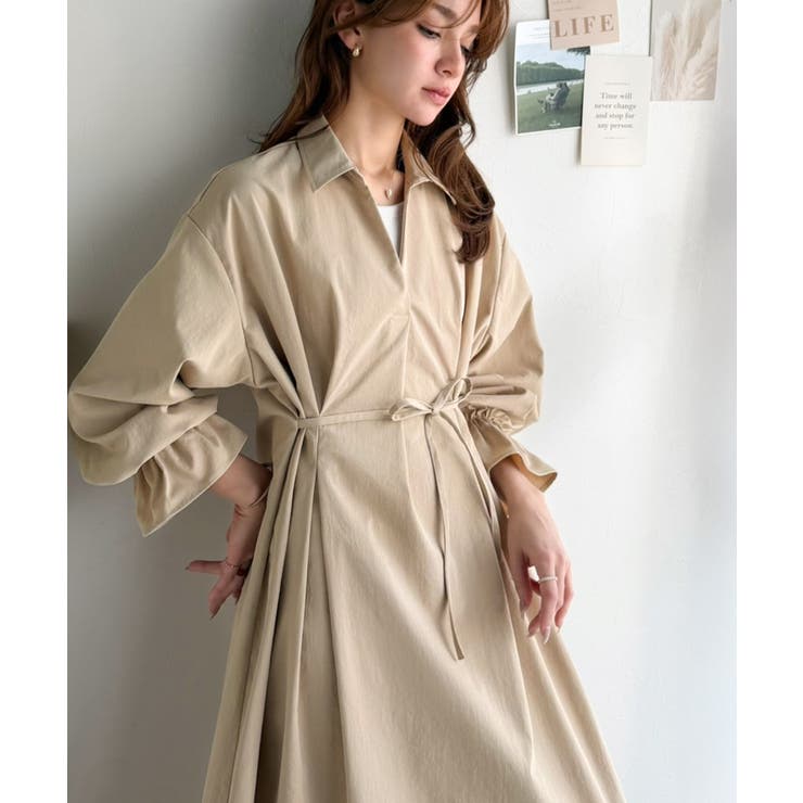 ベージュ | ウエストすっきりで着映え力抜群！体型カバー×きれい見えが叶う。キャンディスリーブ… | Classical Elf 