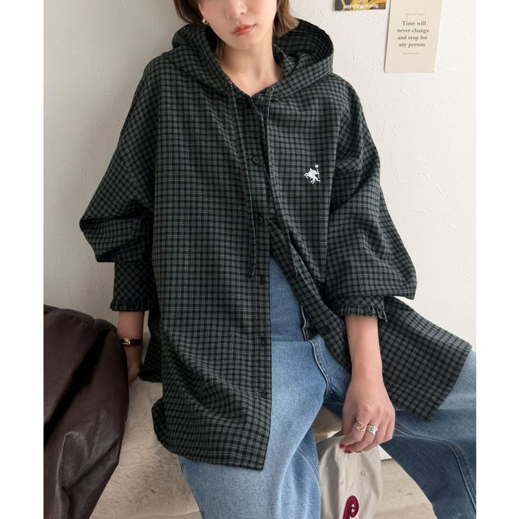 袖口フリルが最旬。胸刺繍入り起毛チェック柄フーディーシャツ（長袖） | Classical Elf  | 詳細画像17 