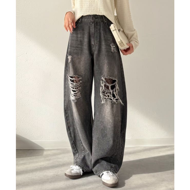 レースにキュン！ラフに攻めて。綿100％ レース付きダメージデニムカーブパンツ | Classical Elf  | 詳細画像7 