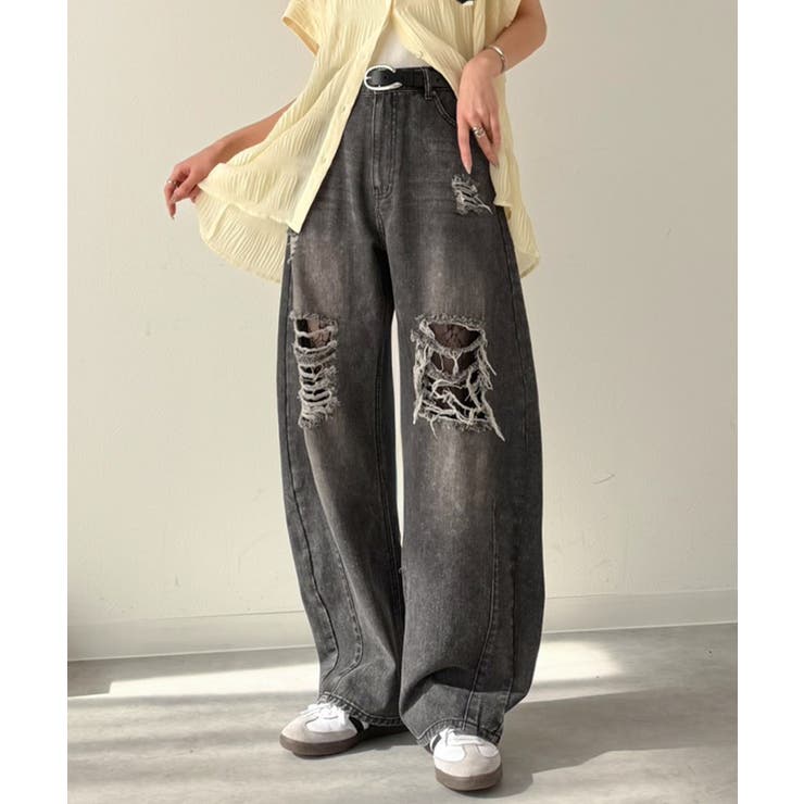 レースにキュン！ラフに攻めて。綿100％ レース付きダメージデニムカーブパンツ | Classical Elf  | 詳細画像8 