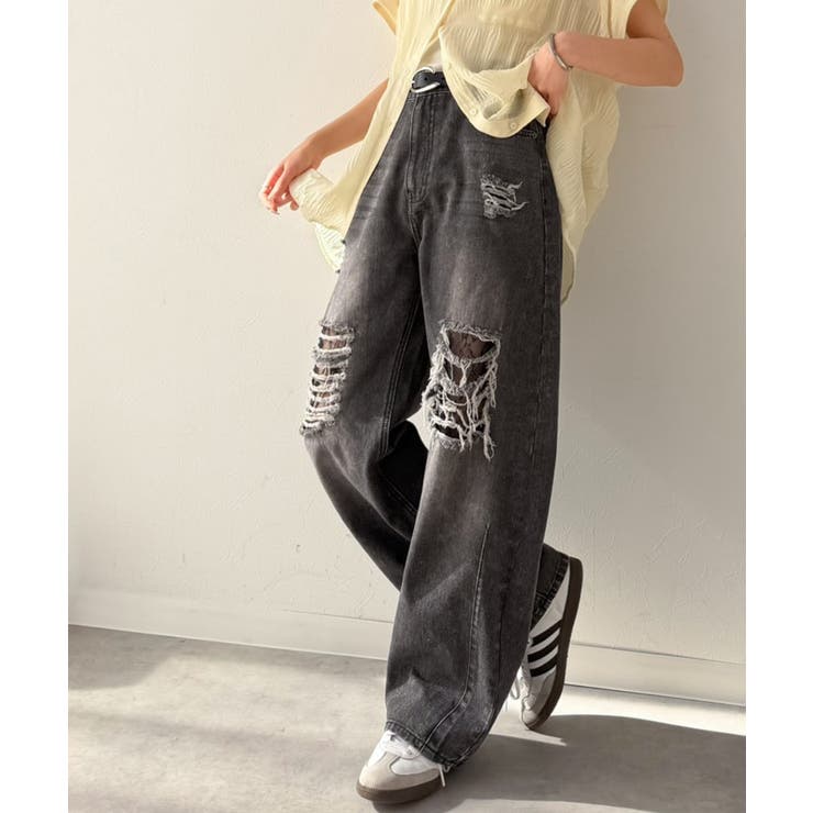 レースにキュン！ラフに攻めて。綿100％ レース付きダメージデニムカーブパンツ | Classical Elf  | 詳細画像9 