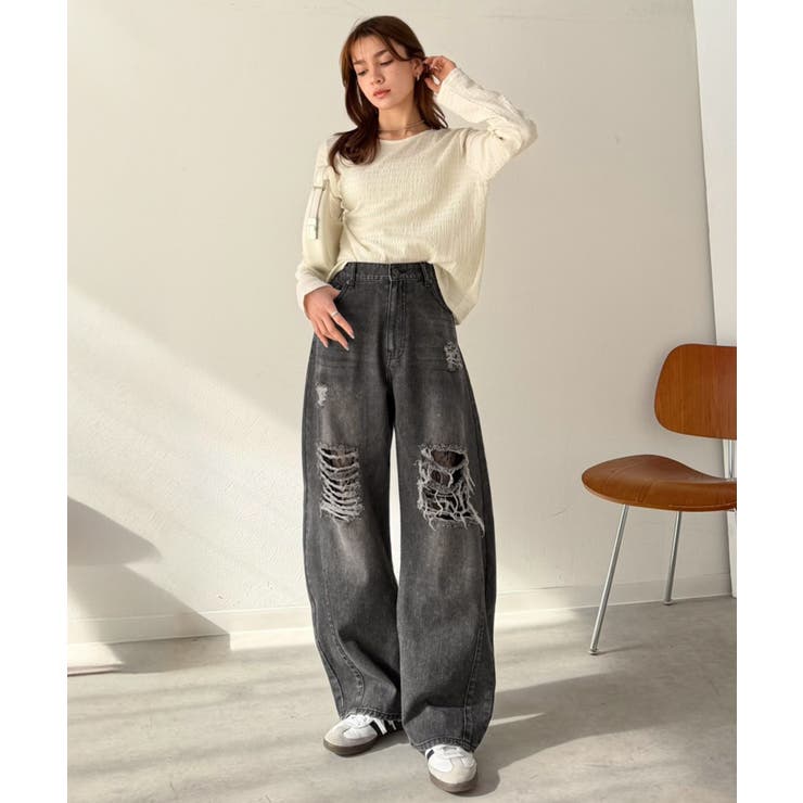 レースにキュン！ラフに攻めて。綿100％ レース付きダメージデニムカーブパンツ | Classical Elf  | 詳細画像11 