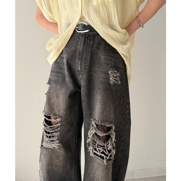 レースにキュン！ラフに攻めて。綿100％ レース付きダメージデニムカーブパンツ | Classical Elf  | 詳細画像12 