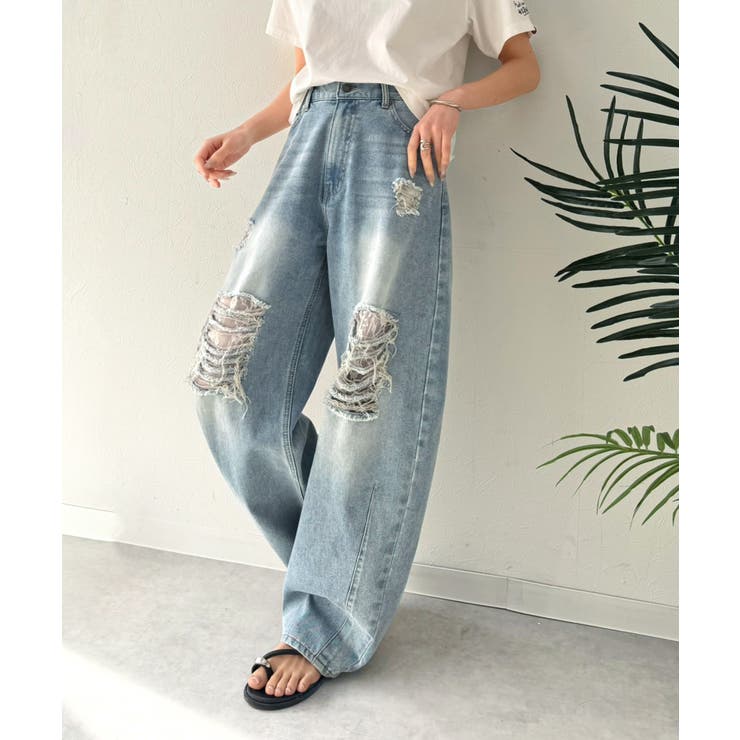 レースにキュン！ラフに攻めて。綿100％ レース付きダメージデニムカーブパンツ | Classical Elf  | 詳細画像15 