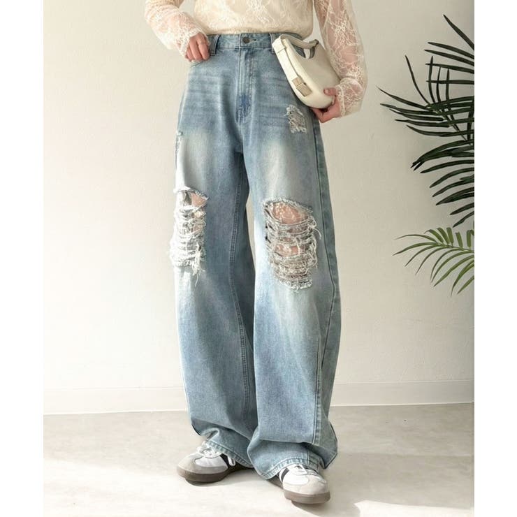 レースにキュン！ラフに攻めて。綿100％ レース付きダメージデニムカーブパンツ | Classical Elf  | 詳細画像16 