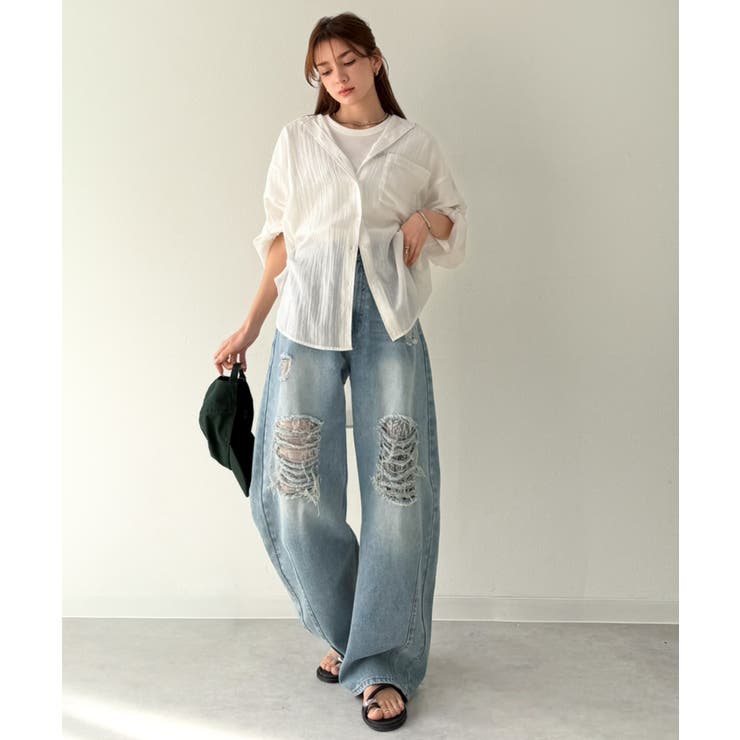 レースにキュン！ラフに攻めて。綿100％ レース付きダメージデニムカーブパンツ | Classical Elf  | 詳細画像19 