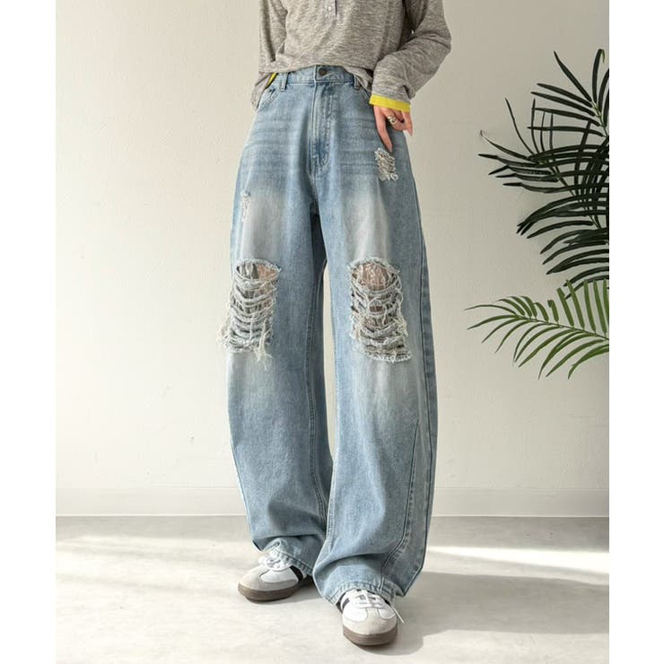 レースにキュン！ラフに攻めて。綿100％ レース付きダメージデニムカーブパンツ | Classical Elf  | 詳細画像20 