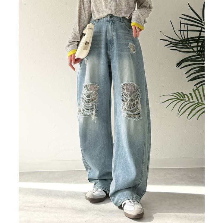 レースにキュン！ラフに攻めて。綿100％ レース付きダメージデニムカーブパンツ | Classical Elf  | 詳細画像21 