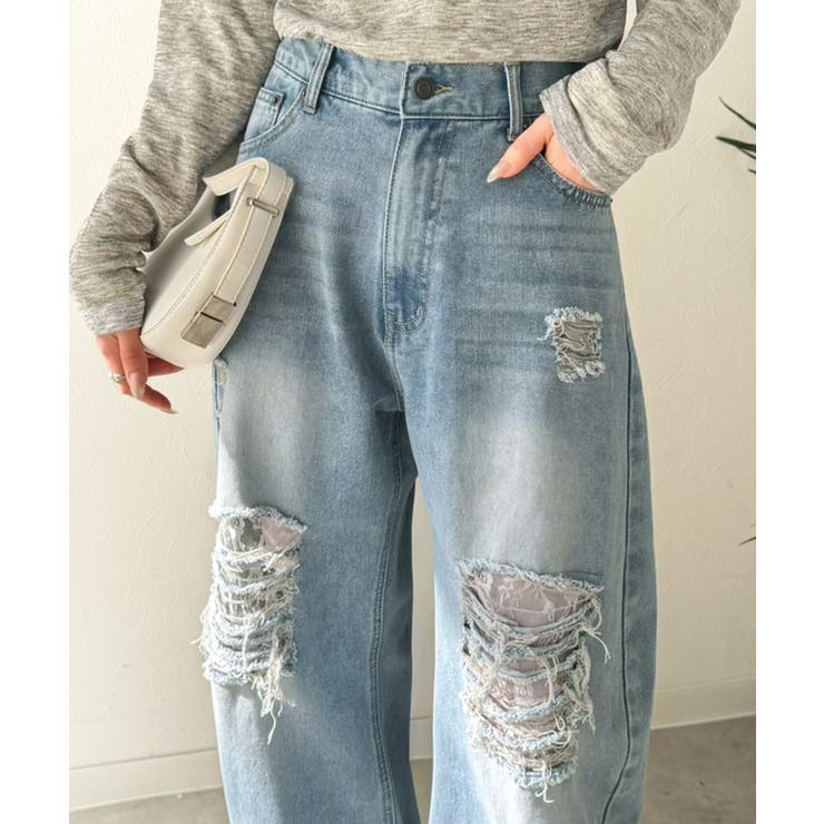 レースにキュン！ラフに攻めて。綿100％ レース付きダメージデニムカーブパンツ | Classical Elf  | 詳細画像22 