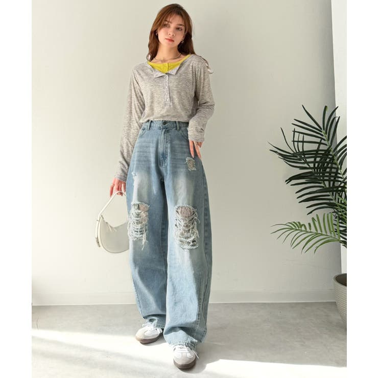 レースにキュン！ラフに攻めて。綿100％ レース付きダメージデニムカーブパンツ | Classical Elf  | 詳細画像23 