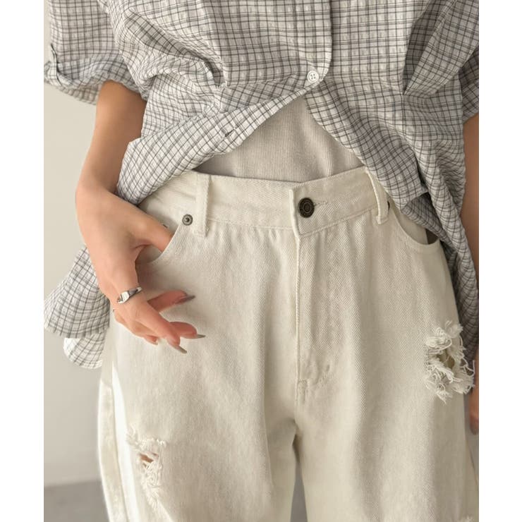 レースにキュン！ラフに攻めて。綿100％ レース付きダメージデニムカーブパンツ | Classical Elf  | 詳細画像24 