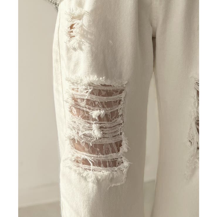 レースにキュン！ラフに攻めて。綿100％ レース付きダメージデニムカーブパンツ | Classical Elf  | 詳細画像27 