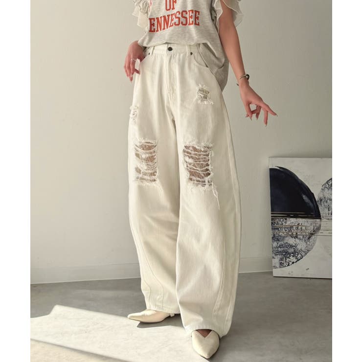 レースにキュン！ラフに攻めて。綿100％ レース付きダメージデニムカーブパンツ | Classical Elf  | 詳細画像2 