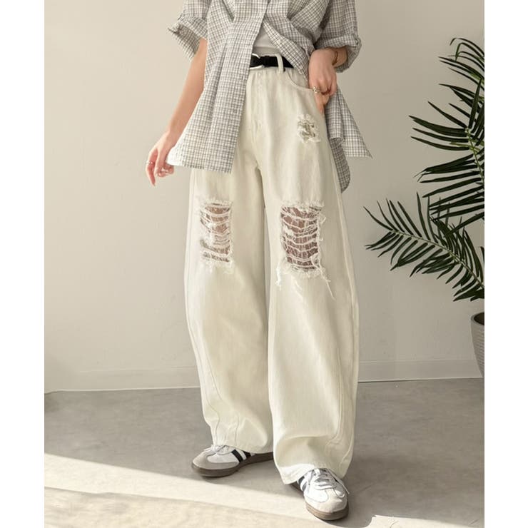 レースにキュン！ラフに攻めて。綿100％ レース付きダメージデニムカーブパンツ | Classical Elf  | 詳細画像3 