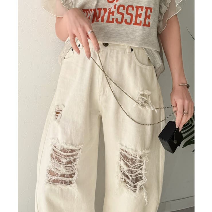 レースにキュン！ラフに攻めて。綿100％ レース付きダメージデニムカーブパンツ | Classical Elf  | 詳細画像4 