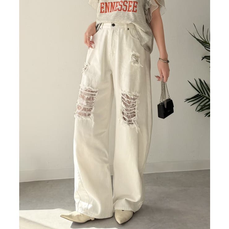 レースにキュン！ラフに攻めて。綿100％ レース付きダメージデニムカーブパンツ | Classical Elf  | 詳細画像5 