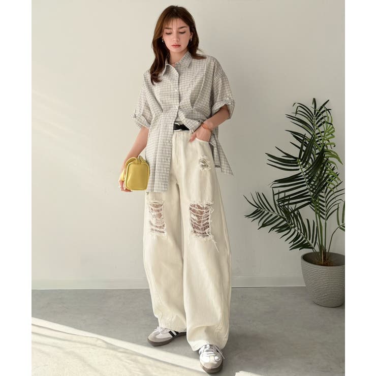 レースにキュン！ラフに攻めて。綿100％ レース付きダメージデニムカーブパンツ | Classical Elf  | 詳細画像6 