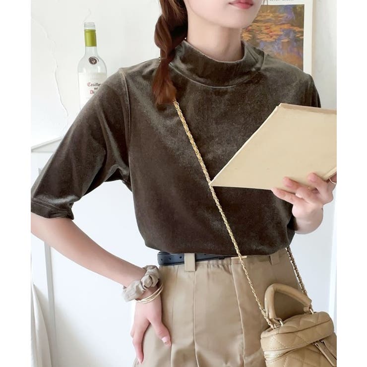 ネペンテス　モックネック　半袖　リブ　L 超美品 配色トップス レディース 半袖 モックネック Tシャツ 送料無料