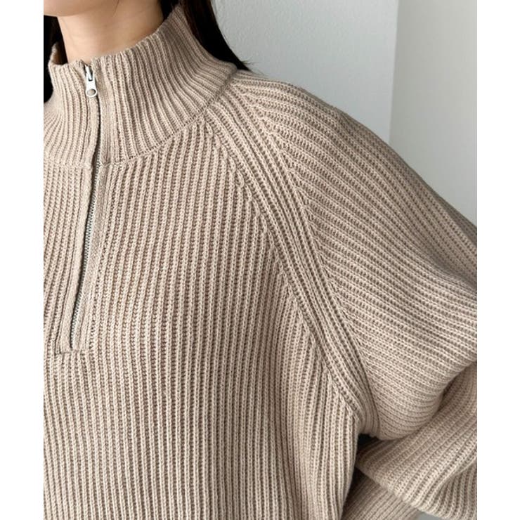 ルーズフィットが叶う！ボリュームスリーブ畦編みハーフジップニット