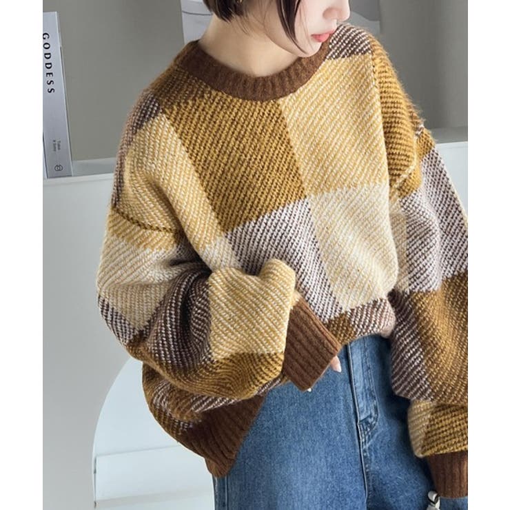 もっちり暖かい。配色ブロックチェックニット[品番：WZ000004962