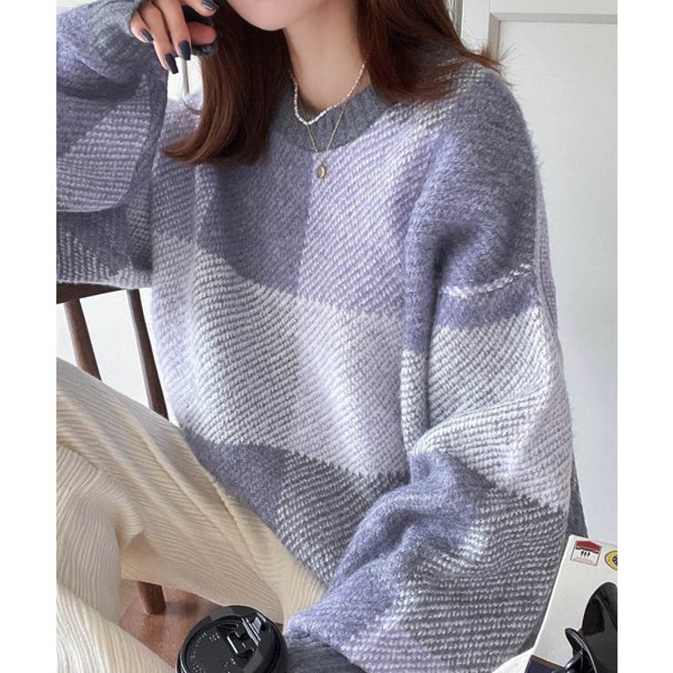 もっちり暖かい。配色ブロックチェックニット[品番：WZ000004962